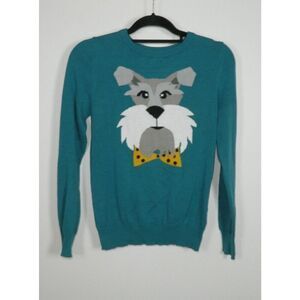 Louche Sweater‎ Jumper  Size 10  Turquoise Dog Schnauzer Novelty Print Cotton